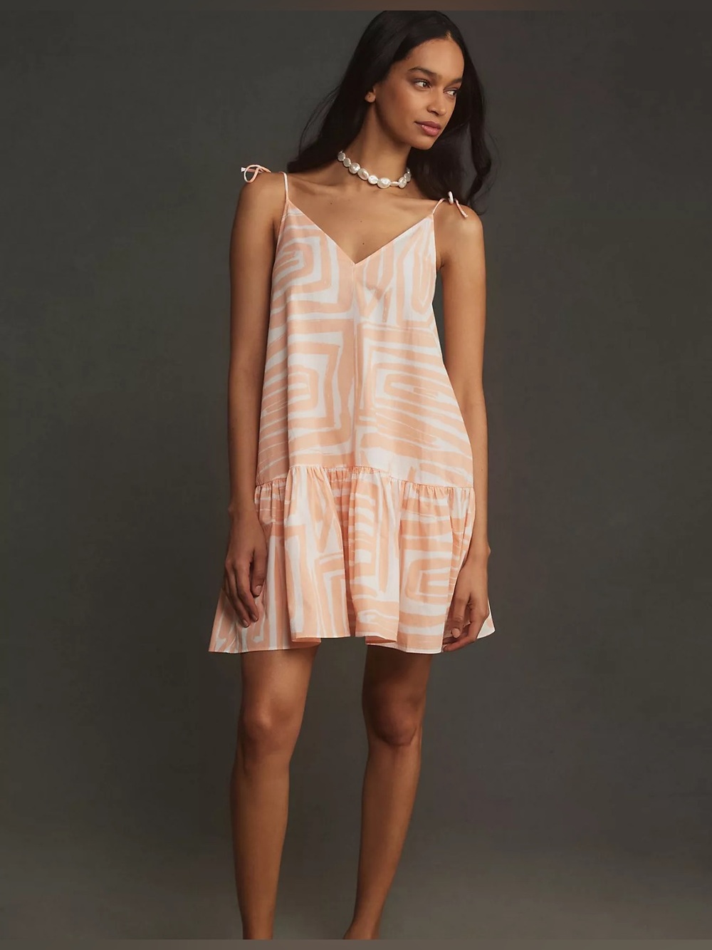 Maeve Peach and White Geo-Print Tie-Shoulder Mini Dress Lightweight Vacation